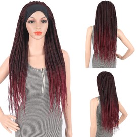 Aisaide Burgundy Braided Headband Wig for Black Wome Ombre Box Braided Wig Thick Jumbo Braids Red Box Braid Wig With Headband Jumbo Braid Cornrow Wig with Ice Silk Turban 30Inch Big Braids Wig