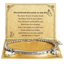 DS Inspirational Bracelet for Women Engraved Butterfly Daisies Charm Bracelet Exquisite Stainless Steel Birthday Jewelry Gift Daughter Niece Friendship Bestie She Believed She Could So She Did-Silver