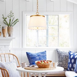 MhyTogn Flower Pendant Lighting, Modern Chandelier with Cream White Fabric Drum and Antique Brass Brush Paint Finish Shade for Nursery Kids Room Bedroom Kitchen Hallway Entryway 3-Light