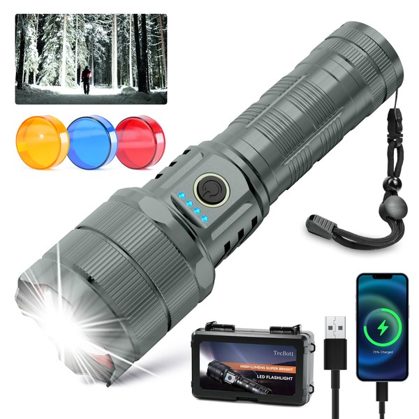TEQDOT Flashlights High Lumens 990000 LED Rechargeable Tactical Flashlight Zoomable