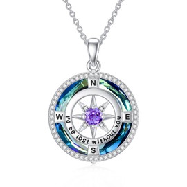 OCJ February Birthstone Amethyst Necklace for Women 925 Sterling Silver Compass Pendant Necklaces Anniversary Jewellery Birthday Gifts for Her Wife Girlfriend