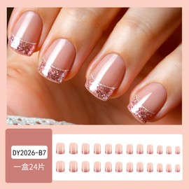 CEWEWP Pink Glitter Press on Nails Short Square Fake Nails Glitter French Tip False Nails Glossy Press on Nails Acrylic Nails Full Cover Glue on Nails Reusable Stick on Nails for Women 24Pcs