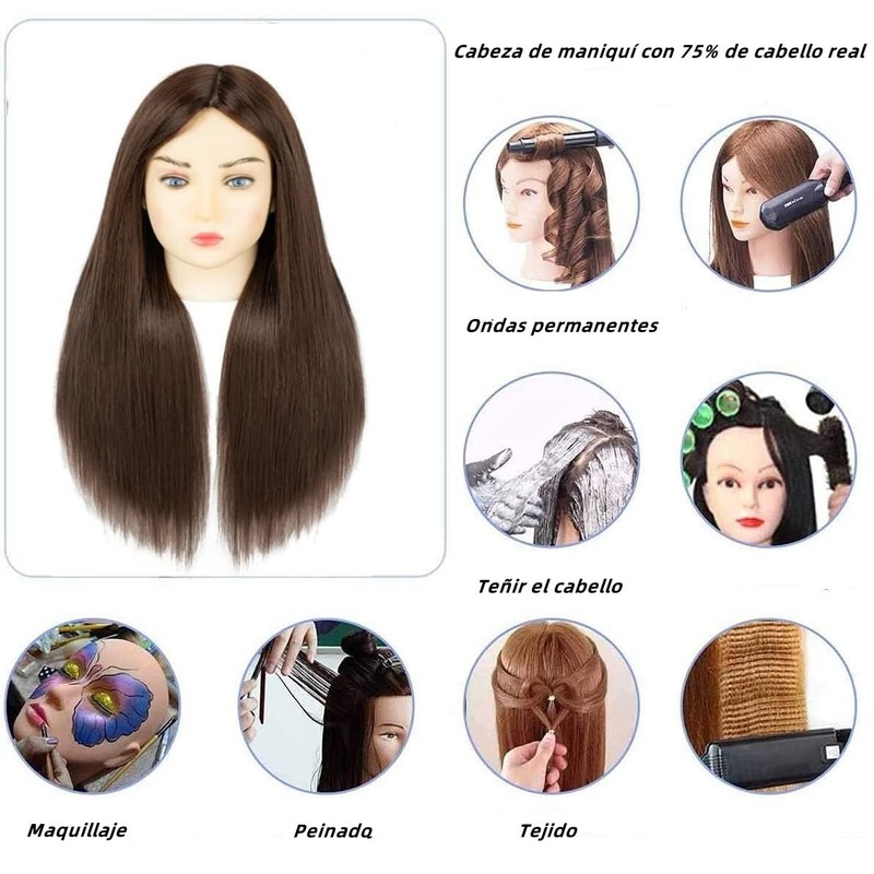 PUBAMALL Cabeza de maniquí con 75% de cabello real, Para