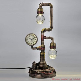 Veronese Design 14.75 Inch Steampunk Pipework Clock Stand Lamp Light Crystal Skull Bulb LED Lighting Antique Bronze Finish Sculpture