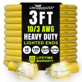 3ft Outdoor/Indoor Extension Cord 10/3 Gauge Ultra Heavy Duty 3 Prong SJTW, Waterproof, Flexible Cold-Resistant Long Power Cord,15A 125V 1875W, Yellow by LifeSupplyUSA