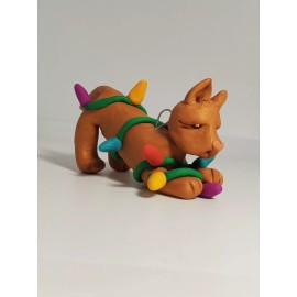 Celtic Forest Clay PIT BULL Christmas Ornament TANGLED IN LIGHTS Cropped Ears HAND MADE OOAK Red