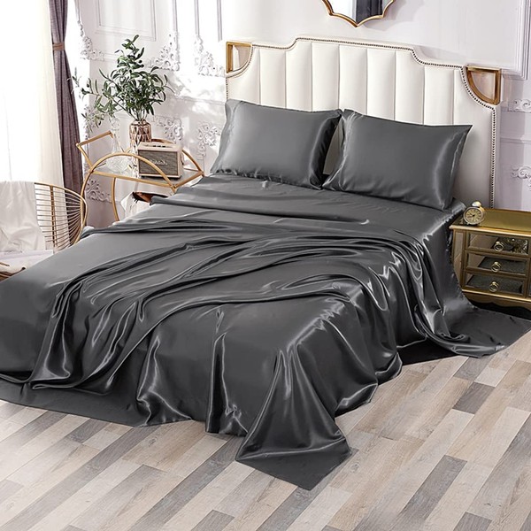 Sfoothome Satin Full Bed Sheet Sets 4Pieces Charcoal Silky Smooth