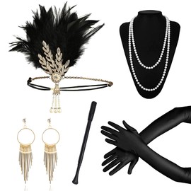 1920 Accessories Set, 5pcs Great Gatsby Accessories with Headband Earrings Pearl Necklace Gloves Handheld Props, 1920s Flapper Costume Vintage Accessories for Women Girl (Style-2)