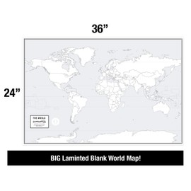 Large Blank World Outline Map Poster, Laminated, 36” x 24” | Great Blank Wall Map for Classroom or Home Study | Free Dry Erase Marker Included | Includes Detailed Laminated Answer Sheet | Learn Fast!