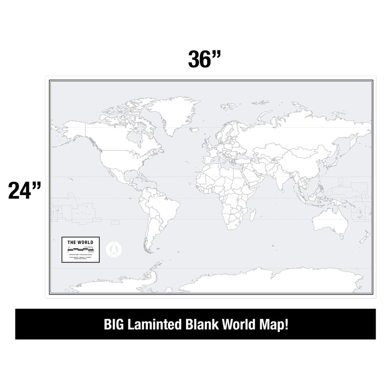 Large Blank World Outline Map Poster, Laminated, 36” x 24”