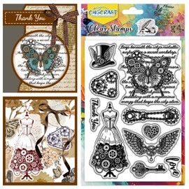CHGCRAFT Retro Punk Style Clear Stamps Gears Transparent Stamps Butterfly Silicone Clear Stamp Seals for DIY Scrapbooking Photo Album Decoration, 4.3x6.3 inch