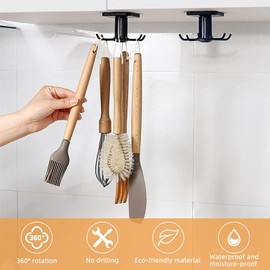 EigPluy 2pcs Under Cabinet Kitchen Utensil Hooks,360° Rotating Drilling Free Adhesive Utensils Hanging Rack for Tools/Towel/Knife (Black)