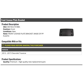 Marketplace Auto Parts Front License Plate Bracket - Compatible with 2013-2017 Chevy Traverse