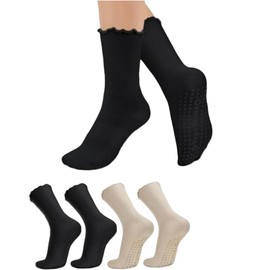 ZANZER Pilates Women's Yoga Socks Non-slip Ruffle Socks Grip Socks Swivel Cuff Crew Ruffle (AU, Alpha, One Size, Regular, Regular, Black*2+Beige*2)