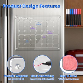 YLLYQ Acrylic Magnetic Monthly and Weekly Calendar for Fridge, Dry Erase Magnetic Calendar Board for Fridge Reusable Planner, Includes 8 Markers for Family List, Shopping List(15.7"x12"Inches)