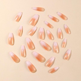 Christmas Press on Nails Medium Coffin French Tip Fake Nails Nude & White Gradient False Nails with Star Christmas Tree Designs Glossy Glue on Nails Xmas Acrylic Nails for Women Girls 24 Pcs