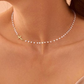 ASCOMY Cross Necklace for Women 14K Gold Plated Cross Necklace Trendy Cross Pendant Necklace Gold Pearl Chain Cross Charm Necklace Minimalist Daily Jewelry Gift for Women