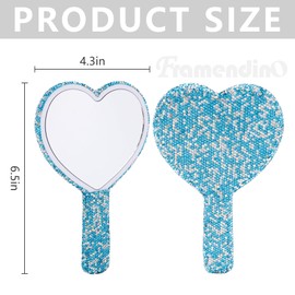 Framendino, 1 Pack Bling Heart Cosmetic Handheld Mirror Blue Metal with Handle for Women Makeup Travel