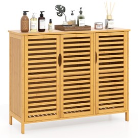 Giantex Bamboo Bathroom Storage Cabinet, 3-Door Storage Organizer with Shelves, Freestanding Floor Cabinet, Slatted Bamboo Home Furniture for Living Room Entryway Kitchen Dining Room, Natural