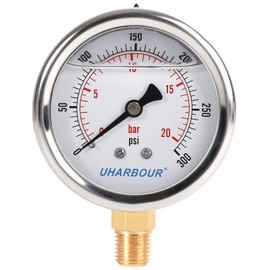 UHARBOUR Glycerin Filled Pressure Gauge 300psi/20bar, Stainless Steel case, Brass Inside Construction, 2-1/2" dial, 1/4"NPT Rear Connection.