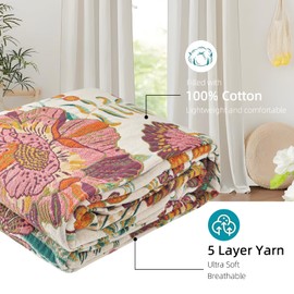 Shesyuki Boho Throw Blanket for Bed - 100% Pure Cotton Ultra Soft Rustic Quilt - Farmhouse Decor Bed Blankets, All Season Rustic Throw for Sofa Couch Chair(91''x 98'', Floral Blossom)