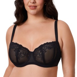 Delimira Women's Balconette Bras See Through Lace Plus Size Unlined Underwired Bra Black 34C