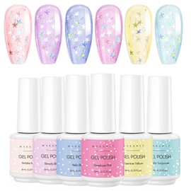 Makartt Gel Nail Polish Set: Jelly Clear Glitter Pink Blue, Colored Gels Kit with Irridescent Stars,Crystal Transparent Colors, 6 Bottles 8ML Soak Off Gel Manicure Supplies for Women