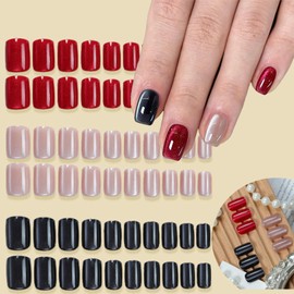 3Packs 72Pcs Square Press on Nails Short Cat Eye Fake Nails Glossy Glitter Acrylic Nails Black Red Pink Gel Glue on False Nails Press ons Manicure Kit for Women Girls 12 Sizes
