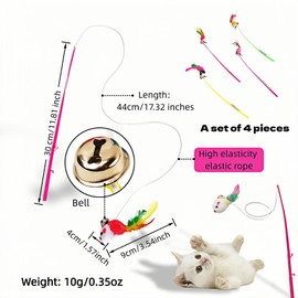 4-Pack Cat Wand Toys with Bells – Interactive Feather Teaser Wands for Indoor Cats & Kittens, Colorful Plush Mouse Lure, 11.8 Inch Fishing Pole Design for Exercise, Hunting & Boredom Relief