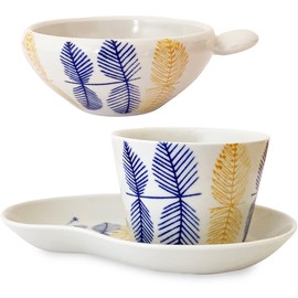 J-kitchens Hasami Pottery Coffee with Dripper Cup & Saucer, Made in Japan, Leaves Pattern, Blue