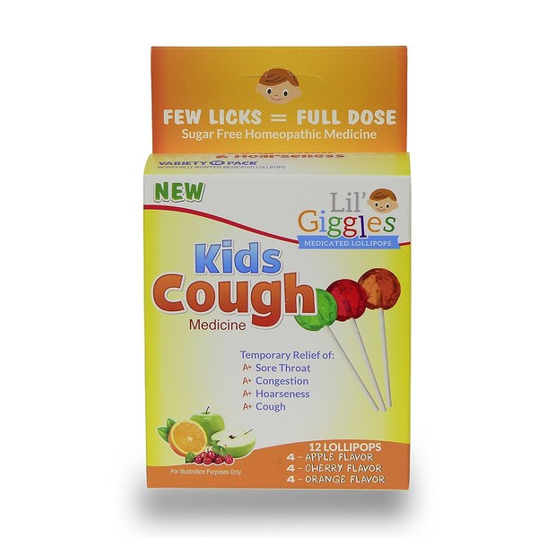 Lil' Giggles Kids Medicated Lollipops - Sweet Gentle Relief for Kids & Non-drowsy - Kids Cough, Sore Throat, Congestion & Hoarseness - Homeopathic Remedy Children's Love - Apple, Cherry & Orange 12 CT