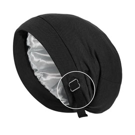 Silk Satin Bonnet Wrap for Sleeping, Adjustable Strap for Women, Stay on All Night hair Wrap Cover for Curly HAir and Braids(Black)