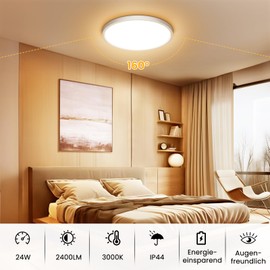 NIBSHOOM LED Ceiling Light, 24 W, 2400 lm, Super Slim Ceiling Light, 3000 K, IP44 Waterproof for Living Room, Bathroom, Bedroom, Kitchen, Hallway, Balcony, Round and Flat Modern LED Lamps, Diameter