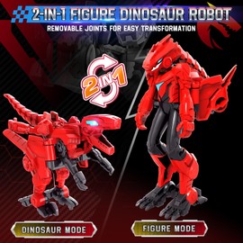 2 in 1 Transformer Toy Action Figure Dinosaur Raptor and Ankylo 2 Pieces, 5 Inches, Children's Action Figure Toy for 5 6 7 8 9 10 Years Old Boys and Girls, Red/Yellow