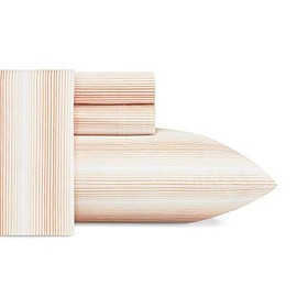 HNU 4 Piece Tropical Theme Orange Cotton Percale Sheets Cal King, All Season Beautiful Stripe Pattern Deep Pocket Soft Bed Sheets, Cool Crisp Durable 200 Thread Count Flat Fitted Comfortable