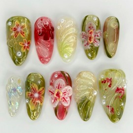 24Pcs Colorful Flower Press on Nails Almond Medium Fake Nails 3D Pearl Floral False Nails Green Full Cover Summer Glue on Nails Retro Flowers Artificial Stick on Nail Cute Acrylic Nail for Women