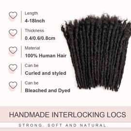 DAIXI Handmade Interlocking Locs 100% Real Human Hair Permanent Loc Extensions Textured Natural Looking Soft Dreadlocks (1B - 0.8cm, 10 Inch 60 Strands)