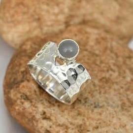 JEWELSTREZORO Grauer Mondstein Edelstein Band Ring 925 Sterling Silber Ring Männer & Frauen Band Ring Alle Größen Band Ring Handgefertigt TSR134E_61 (19.4)