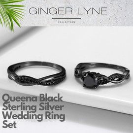 Queena CZ Wedding Ring Set for Women Black Sterling Silver Engagement Ring and Band Set Fake Engagement Wedding Band for Women, Travel Bridal Sets, Cubic Zirconia Promise for Her Size 9