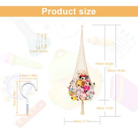 DEANKEJI Cuddly Toy Hammock, Cotton Rope Braided Cuddly Toy Net, Cream White Plush Toy Storage, with Hook and Expansion Tube for Storage of Stuffed Animals, Cushions, Footballs