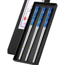 TINMARDA Metal Chopsticks Reusable 3 Pairs Stainless Steel Chopsticks Titanium Plated Dishwasher safe (Blue Silver), TMD333003