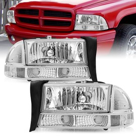 TUSDAR Headlight Assembly Set for 1997-2004 Dakota / 1998-2003 Durango & Bumper Light 4 PCS Replacement OE Headlamp Chrome Housing with Clear Reflector
