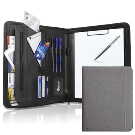 Vebon® New York Writing Case A4 Large I Vegan Leather Zip + Clipboard I Conference Folder + Laptop Bag I Extra Storage Space I Black, Phantom Grey