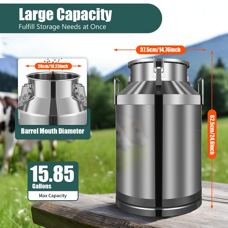 Milk Can, 60 Liter Milk Jug - Durable Stainless Steel,