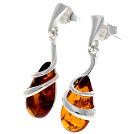 Genuine Teardrop Cognac Baltic Amber and 925 Sterling Silver Drop Dangling Modern Style Earrings - GL196C