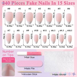 LuckForever 240pc French Gel X Nail Tips Short Almond Fake Nails French Tips Press on Gel Nails Nude Almond Nail Tips Full Cover Short Soft Gel False Nail Tips with Glue for Acrylic Nails Extensions
