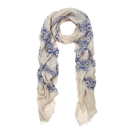 Elegant Viscose Cross Floral Frayed End Scarf Wrap, Beige