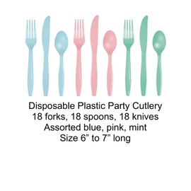 Disposable Party Cutlery Set, 54 Pieces, Pastel Blue Pink Mint, 18 Place Settings, Pastel Rainbow Birthday Supplies