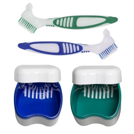 OAAO 2 Denture Bath Cases and 2 Denture Cleaning Brushes, Denture Storage Boxes, Basket Type Denture Retainers, Denture Cleaning Double-Ended Toothbrushes, Denture Containers (Blue and Green)