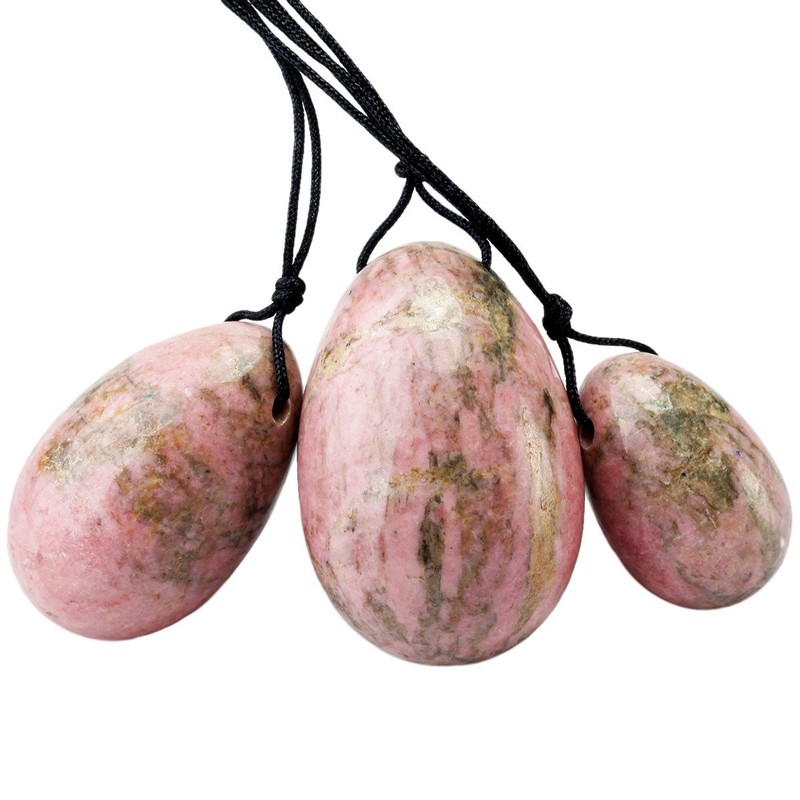 Rockcloud Rhodonite Set of 3 Drilled Yoni Eggs with String,